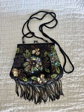Lancome Black Beaded Floral Fringe Wristlet/Crossbody